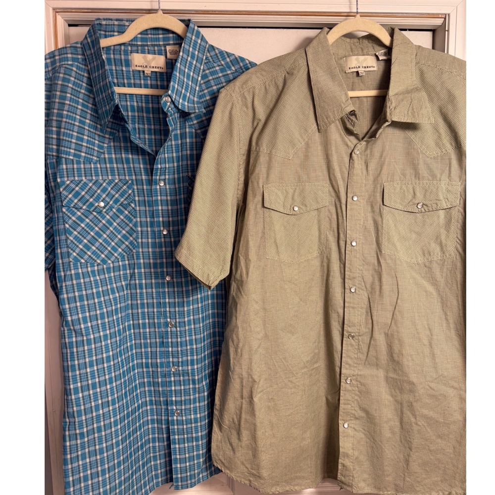 Eagle Crest Mens 2XLT Western Pearl Snap Plaid Short Sleeve Shirt Lot 2 Blue Tan